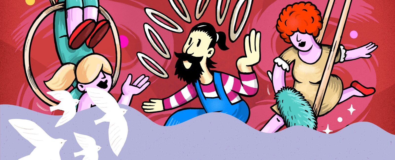 Piirretyt, hassun näköiset sirkustaiteilijat roikkuvat renkaassa ja liinassa ja jongleeraavat, muusikot soittavat musiikkia rouhealla otteella.